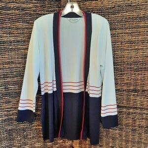 Exclusively Misook Petite Women's XXS Blue Striped Open Front Cardigan Sweater